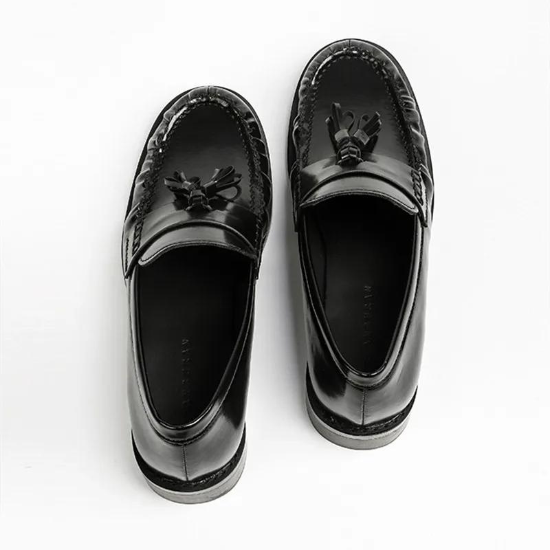 Fashion Black Patent Leather Chunky Heel Loafers Fashion Pleated Fringe Sewing Designer Shoes Comfortable Soft Leather Zapatos De Mujer