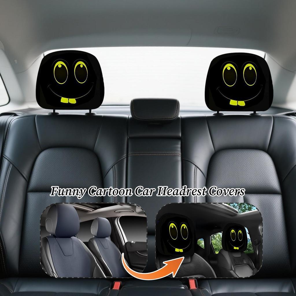 2pcs Car Headrest Cover Funny Expression Design Breathable Cartoon Interior Seat Headrest Cover SUV Auto For Vehicles Halloween