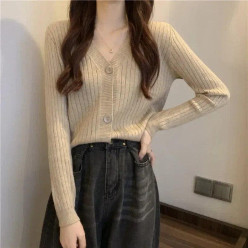 Autunno Csual Maglione cardigan lavorato a maglia con scollo a V Donna Inverno Moda Crop Maglioni Giacca manica lunga Cardigan casual Top 29761