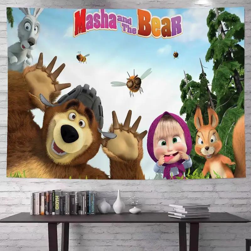 Masha and the Bear Tapestry, Cartoon Characters Print Wall Hanging for Bedroom Dorm Kids Room Home Decor 100X70CM