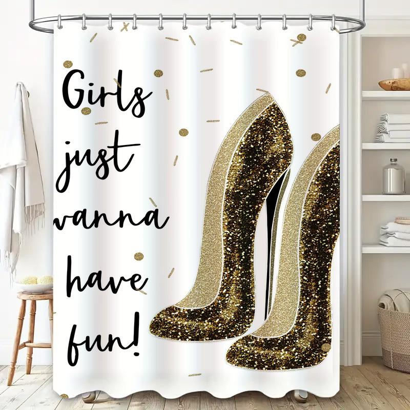 Luxurious Golden High Heel Design Waterproof Shower Curtain For Bathroom Decoration Girls Just Wanna Have Fun