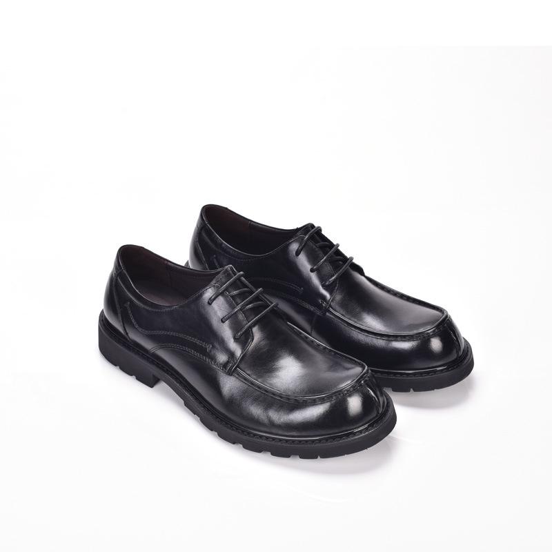 Men's British Style Genuine Leather Lace-up Round Toe Shoes - Casual & Business Formal with Thick Sole, Retro Design.