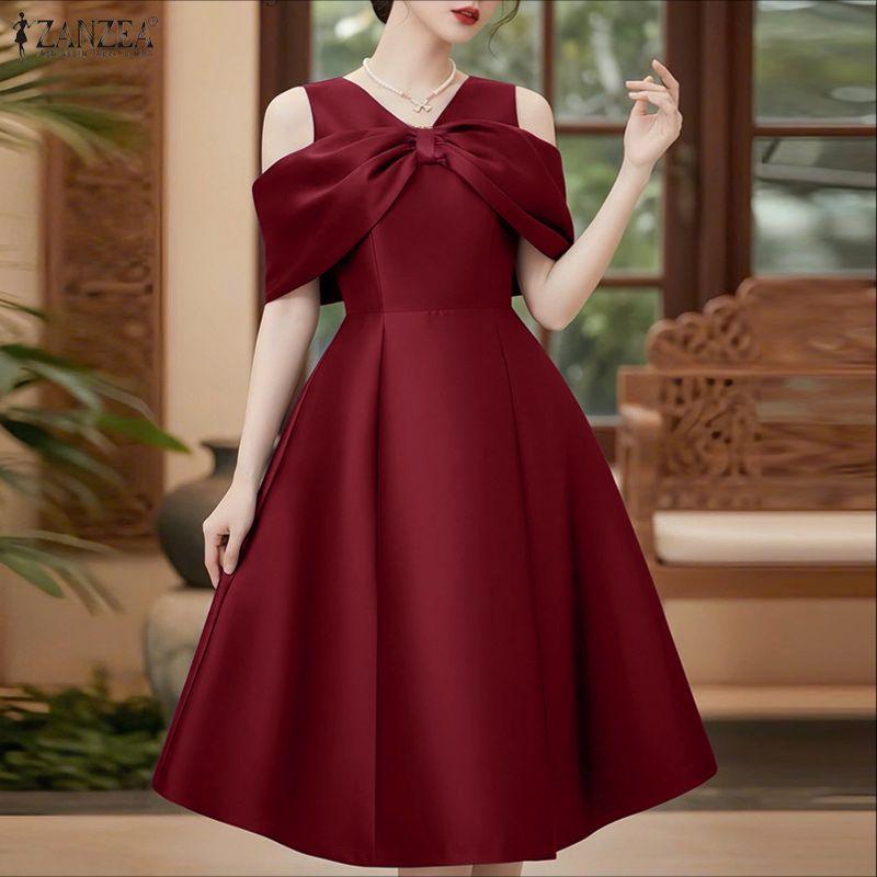 ZANZEA Rochie Elegantă Casual pentru Femei cu Gât în V, Umeri Goali și Mâneci Scurte