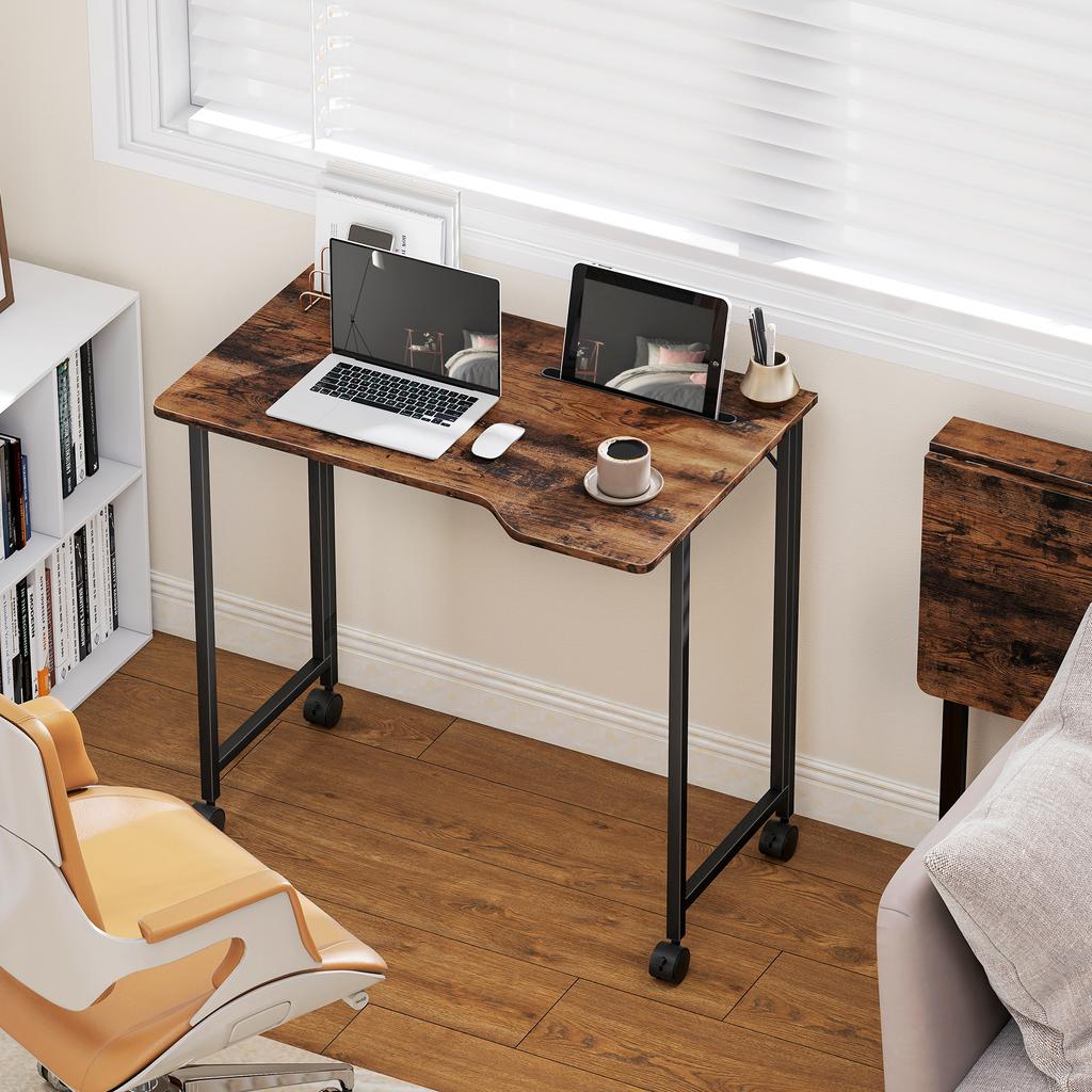 Folding Computer Desk on Wheels, 80 x 52 cm, Device Slot, Brown