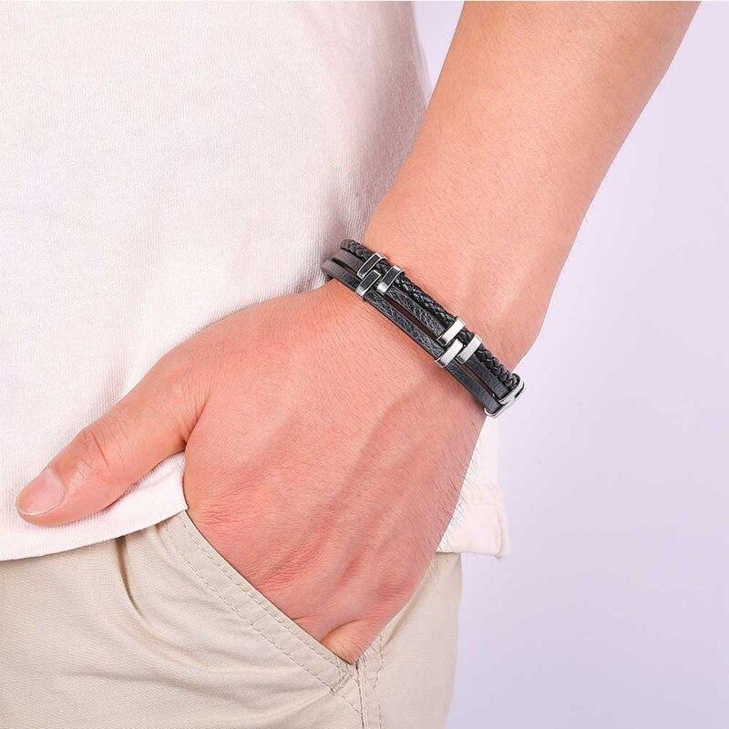 

Черный трехслойный мужской браслет, аксессуары для шитья, мужской кожаный браслет из нержавеющей стали, усовершенствованный дизайн, стильный подарок 205mm чёрный