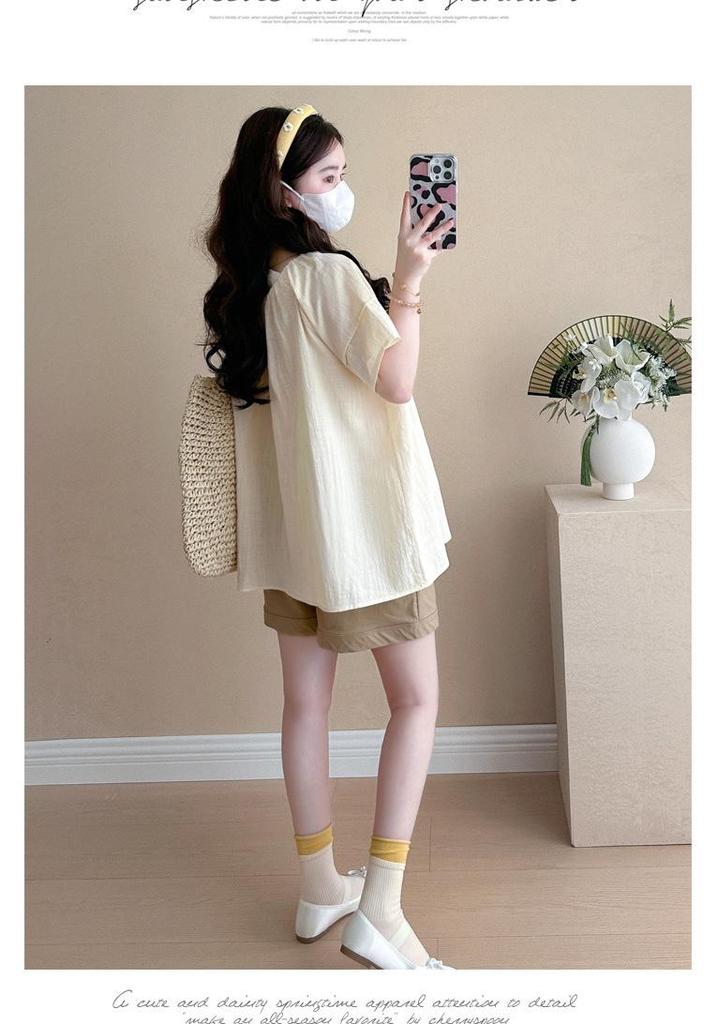 2026 Korean Puff Sleeve Doll Shirt & Belly Support Shorts Set