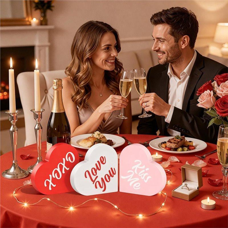 ABBP-Home Decor, 3-Piece Double-Sided Printed Wooden Heart-Shaped Ornament, Romantic Valentine's Day Decoration.