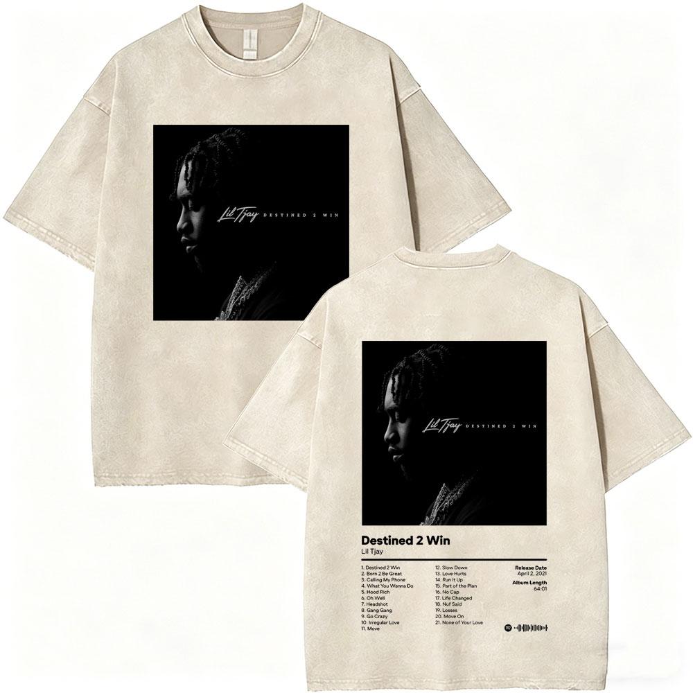 Washed Vintage Rapper Lil Tjay Face Graphic Tshirt Destined Win Tshirts Men Women Hip Hop Fashion High Quality T Shirts Tops