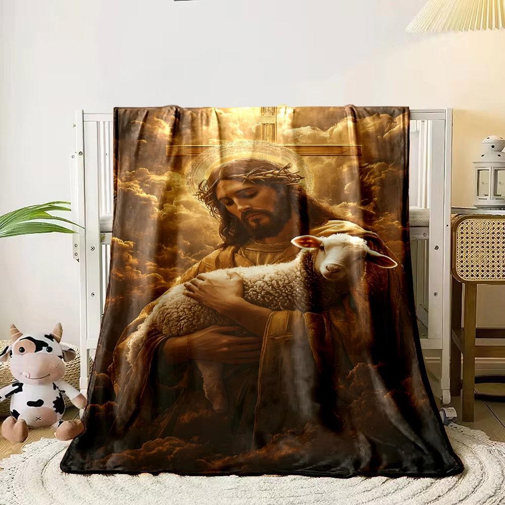 Jesus Holding Lamb Cross Blanket  Printed Blanket for Living Room Bed Couch lunch break Soft Cozy Blanket for Friend's festival Gift