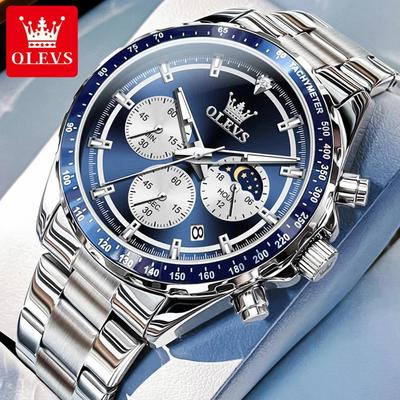 Moon Phase Quartz Watch For Men 24 Hours Display Waterproof Wristwatch Stainless Steel Luminous Chronograph Watches