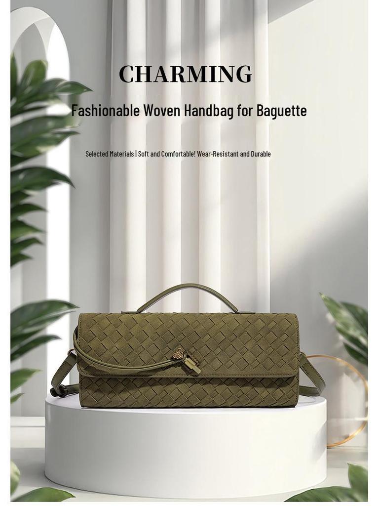 Handmade Woven Retro Soft Leather Accordion Baguette Bag - Solid Color Shoulder Handbag
