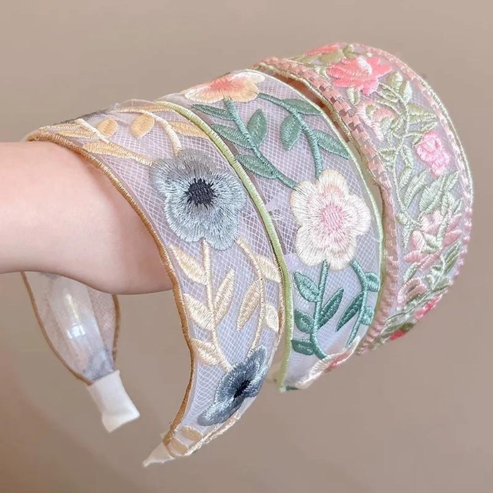 Wide Edge Embroidered Flower Headband Elegant Chiffon Hairband Women Fashion Hair Accessories
