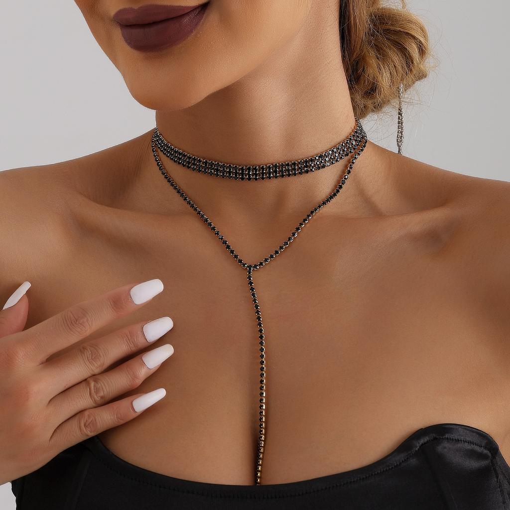 Cross-Border Jewelry, Foreign Trade Black Full Diamond Multi-Layer Versatile Neck Chain Fashionable Long Fringed Necklace Jewelry