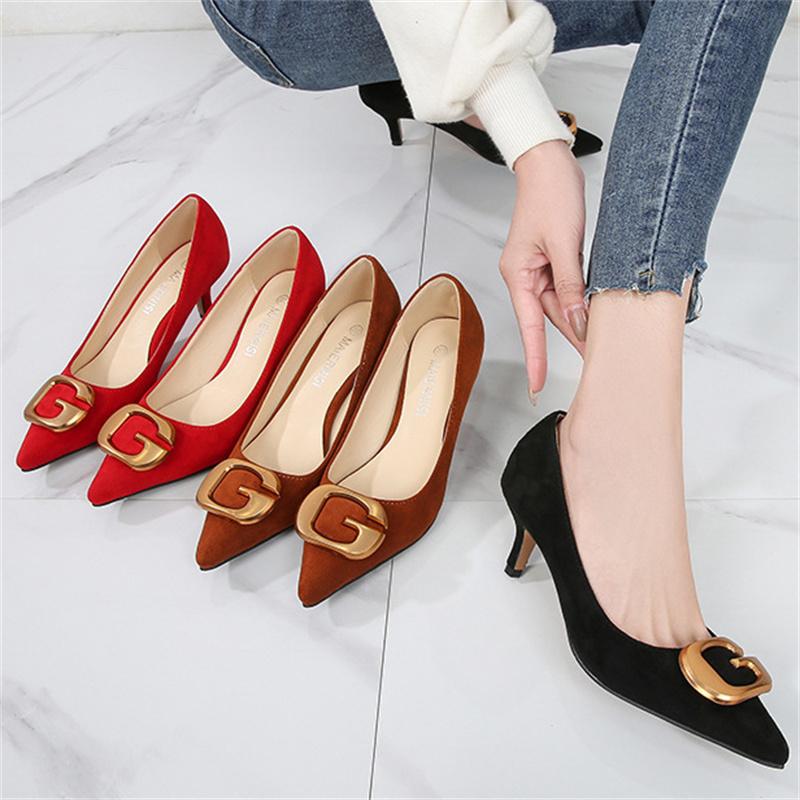 Women 5cm High Heels Metal Flock Pumps Lady Pointed Toe Low Heels Female Mom Office Casual Quality Shoes