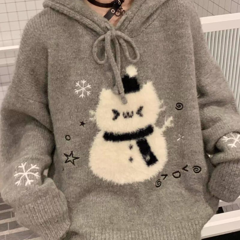 

Женский милый мультяшный свитер с капюшоном, корейский ленивый стиль, женский вязаный топ, осенний универсальный серый женский пуловер Onesize серый