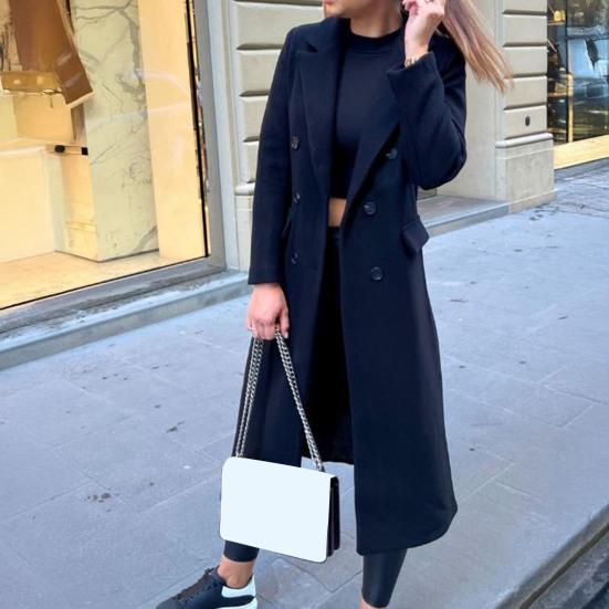 Women's Long Wool Blend Coat Double-Breasted Trench Coat Casual Notch Lapel Peacoat Fall Winter Overcoat