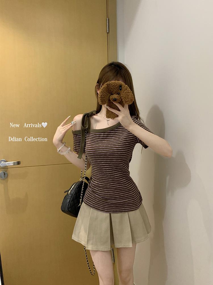 Summer Sweet & Spicy Striped Off-Shoulder Slim Fit T-Shirt for Women