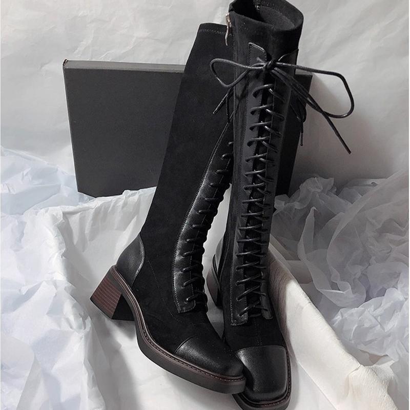 Women's Knee-high Boots High Quality Suede Leather Boot Lace Up Slim Long Tube Boots Knee-high Chelsea Boot Women Fashion Boots