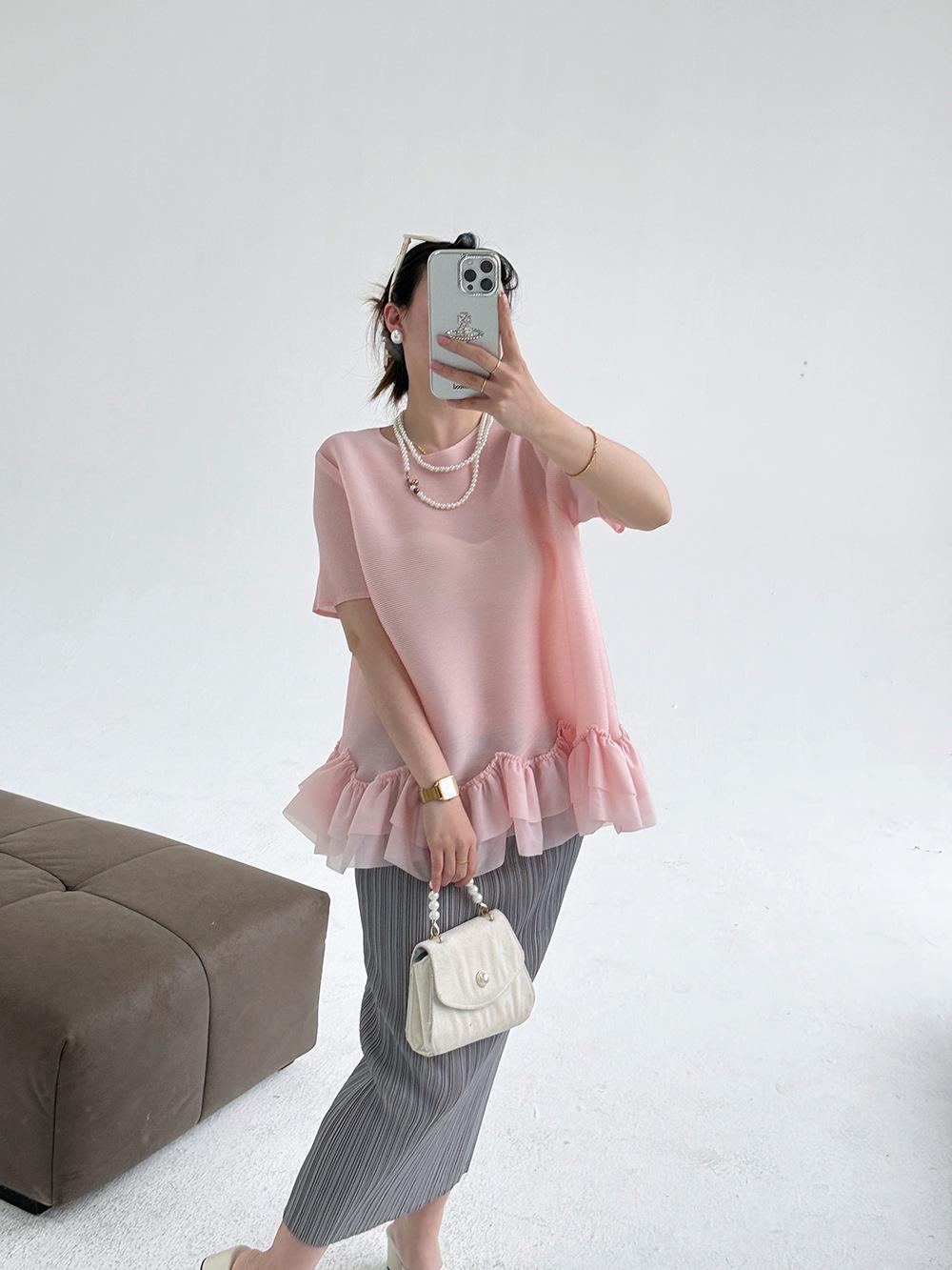 

Chic 2025 Summer Ruffle Design Short Sleeve Round Neck Blouse - Fashionable and Versatile Top One Size розовый