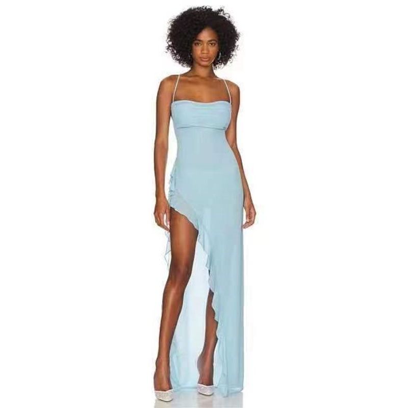 

Special Women s Clothing Summer New Arrival Fashion Sexy Suspenders Lace-up Backless Asymmetrical Long Dress Split Dress Light blue L