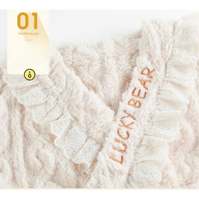 Women Sleepwear Coral Velvet Pajamas Women Autumn Winter Thick Loungewear Cute Flannel Insulation Large Size Home Clothing Set