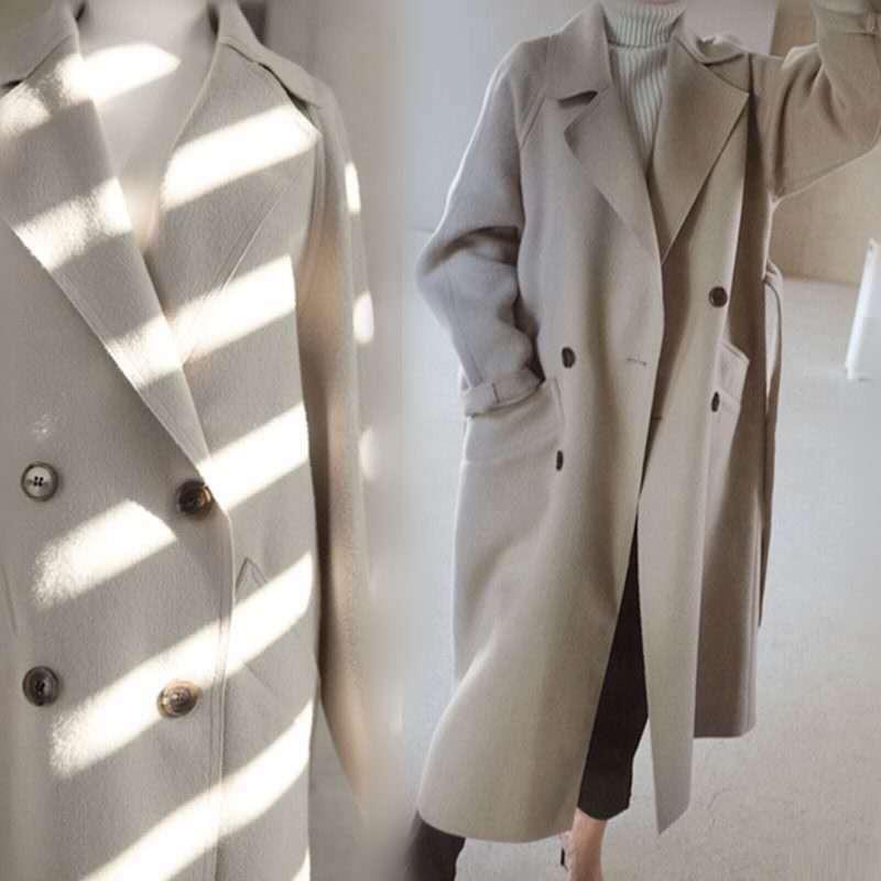 Women Loose Belted Long Woolen Overcoat Casual Commuter Winter Outerwear