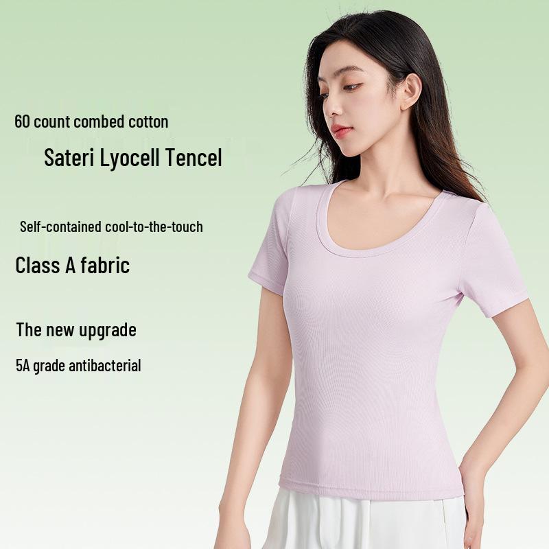 5A Antibakterielles Damen einfarbiges Tencel Baumwoll Ripp Kurzarm Sommer T-Shirt