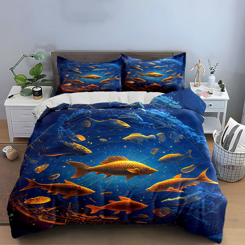 Golden fish on blue. Bedding sets Duvet cover sets Duvet covers Pillowcases(1*Duvet Cover 2*Pillowcases without duvet insert)
