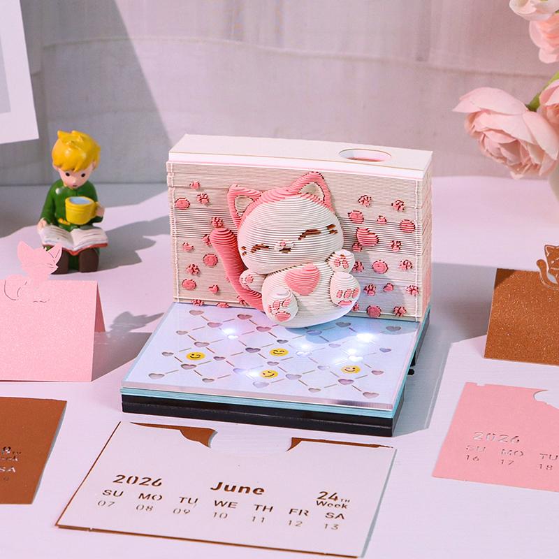 Time Piece Kalender 2026 Schreibtischkalender mit LED-Licht 3D Abreißkalender Papierschnitzkunst Notizblock Geschenk Weihnachten