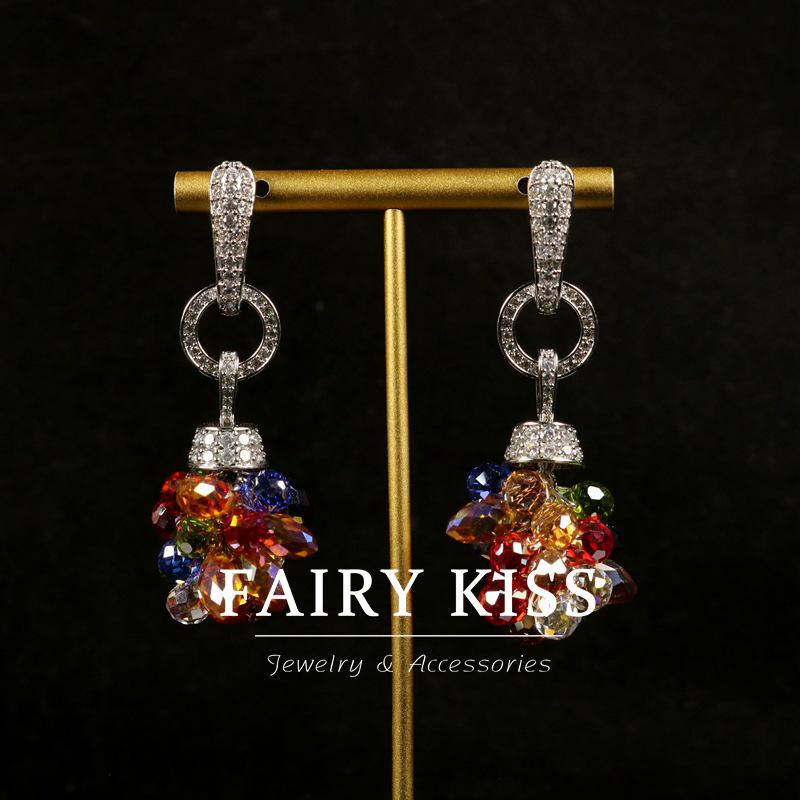 Elegant Long Zircon Gem Dangle Earrings - French Retro Style for Women