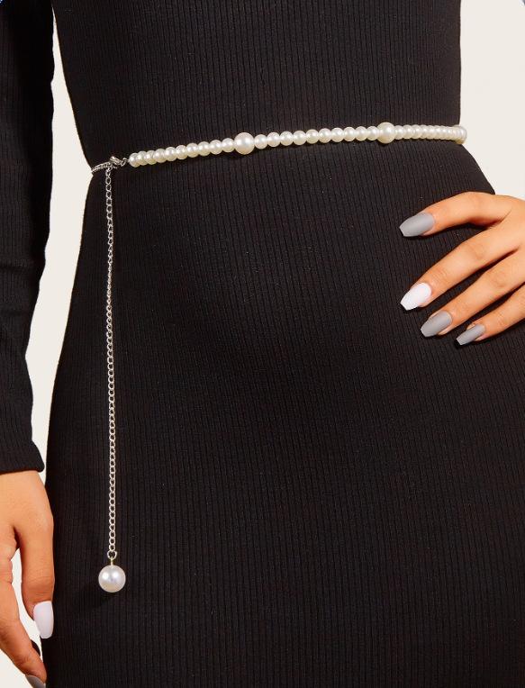 

Hot-selling new pearl size pearl interlaced side pendulum chain pearl fashion waist chain belt body chain срібний