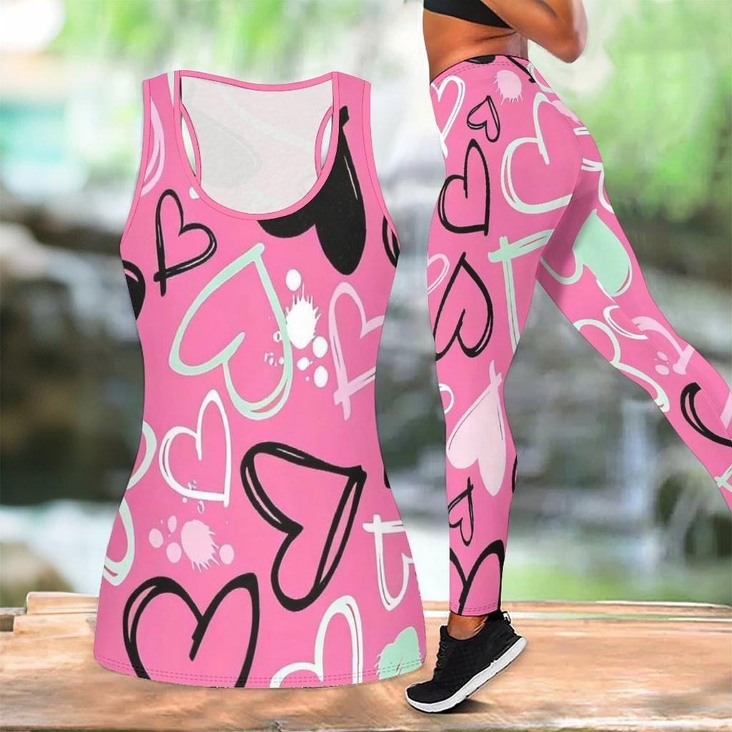 Completo Yoga Stampato con Motivo a Cuori per Donna Moda Leggings da Allenamento Fitness Sportivo Set Yoga Casual Tuta Sportiva