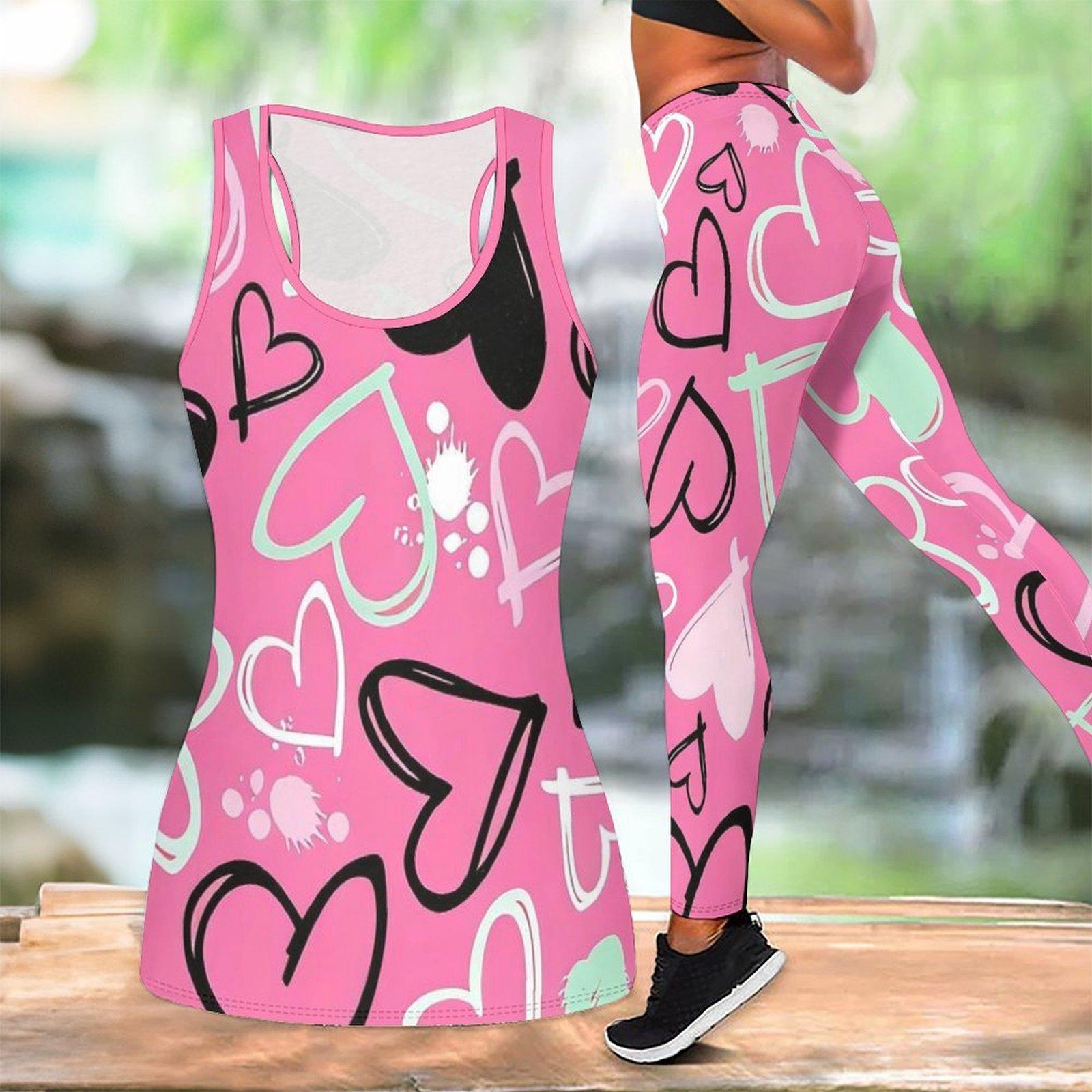 

Love Pattern Printed Yoga Outfit for Women Fashion Workout Leggings Fitness Sports Casual Yoga Set Sports Suit XXL рожевий