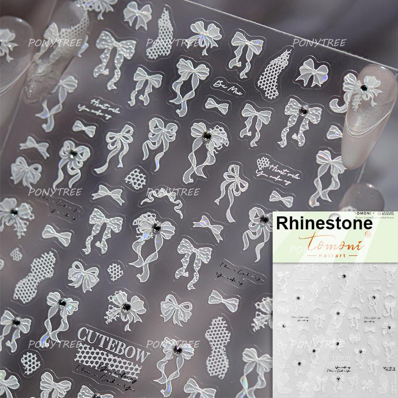 Shiny Polarized White Ribbon Bowknot Stars Tassel 3D Self Adhesive Nail Art Stickers Lovely Bow 5D Embossed Manicure Decals