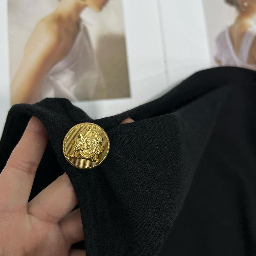Merino Wool Blend Pleated Slimming Dress with Gold Buttons