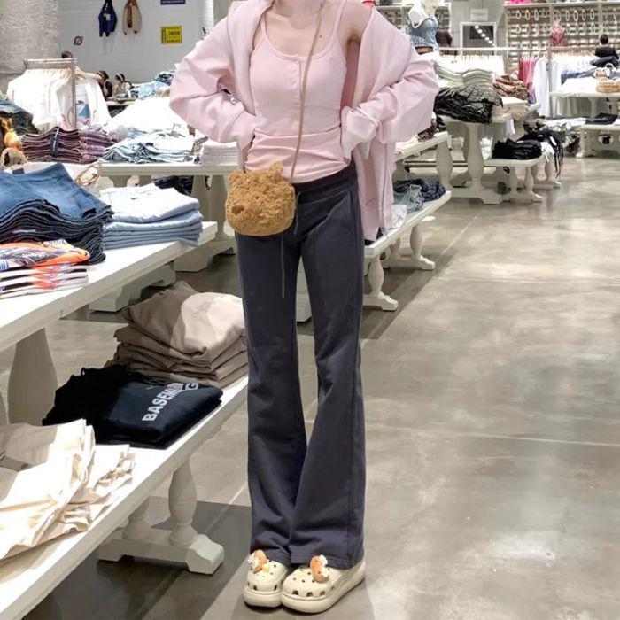 Pantalon de survêtement évasé noir taille haute pour femme - Printemps/Automne, Amincissant, Décontracté, Long jusqu'au sol avec cordon de serrage et drapé, Design en fer à cheval.