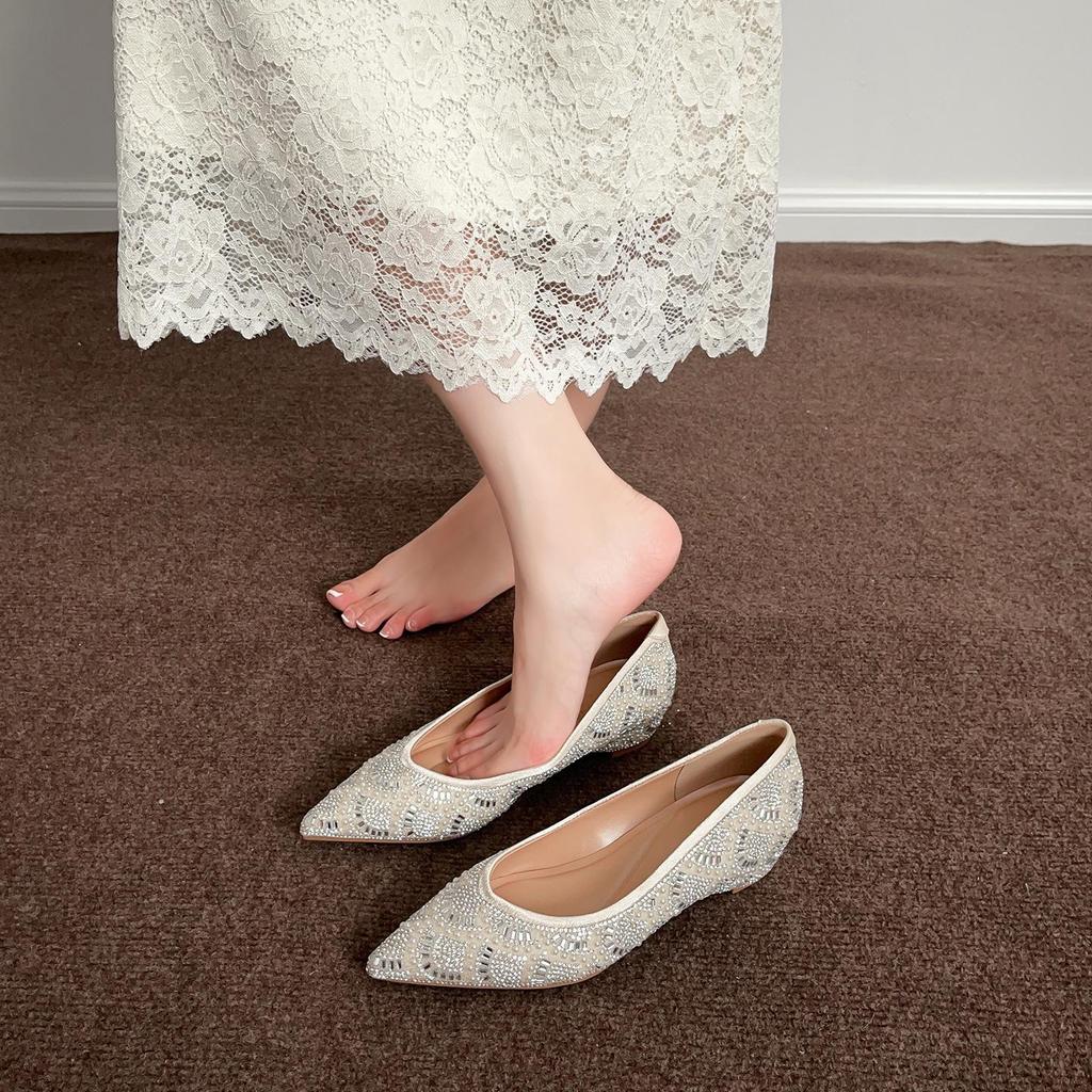 A33-8 Women's Rhinestone & Pearl Flat Wedding Shoes with Inner Height Boost