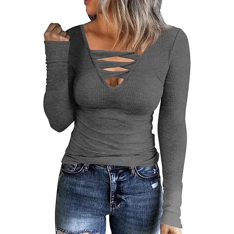 Podzimní dámská trička s dlouhým rukávem Slim Fit trička Ženy Sexy dutý výstřih do V Jednobarevné tričko s dlouhým rukávem Oblečení 29574