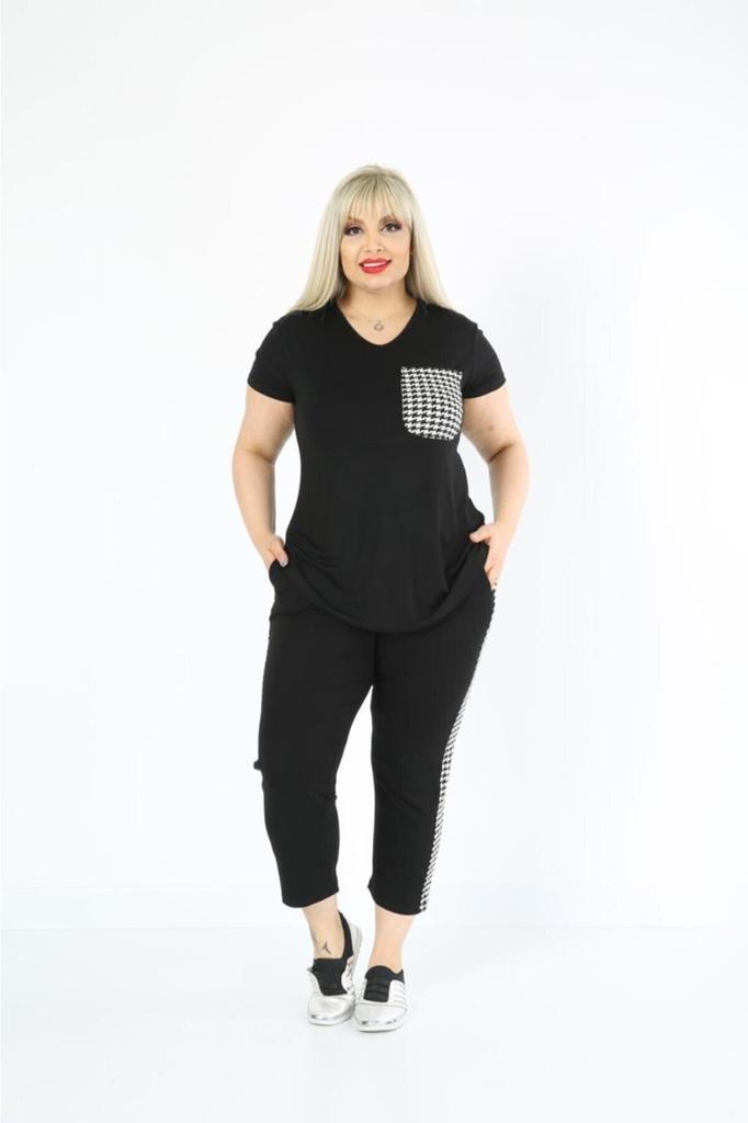 Damenmode Übergröße Trainingsanzug Set Plus Size Schwarz Hahnentritt Detailliertes Sommer Capri Set