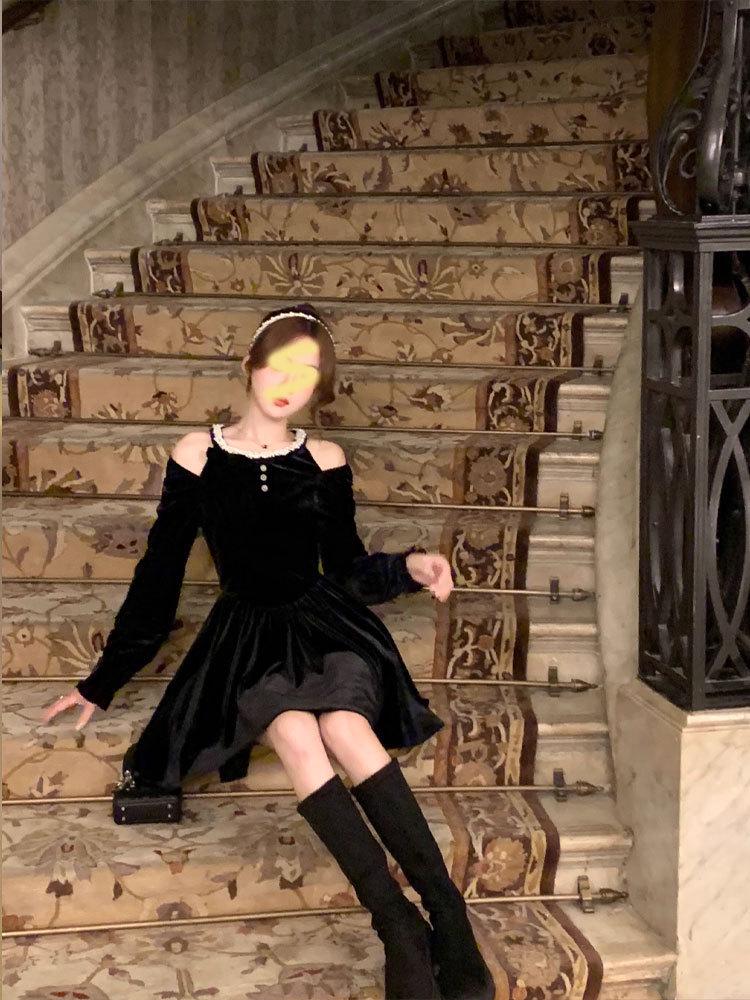 French Hepburn Off-Shoulder Velvet Little Black Dress - Retro Court Style, Petite Princess Dress