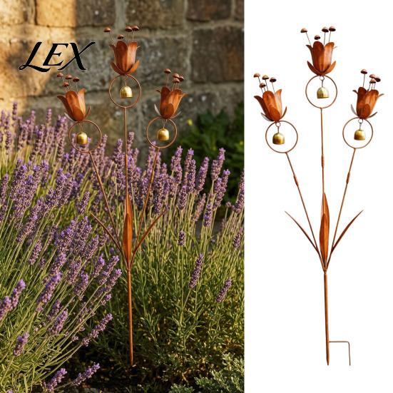 Wetterbeständige Metallkunst Flamme Kupfer Lilie Tulpe Gartenstecker mit Windspielglocken, Rustikales wetterfestes Außen-Windspiel Hofdekoration für Rasen