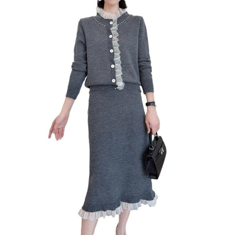 Celebrity sweater two-piece set autumn and winter fashion lace skirt + knitted cardigan set