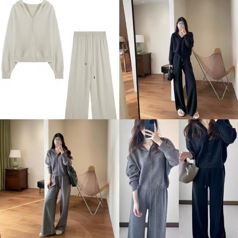 

Спортивный трикотажный костюм большого размера в повседневном стиле, женский осенне-зимний новый кардиган с капюшоном, брюки клеш, женский комплект из двух предметов one size fits all