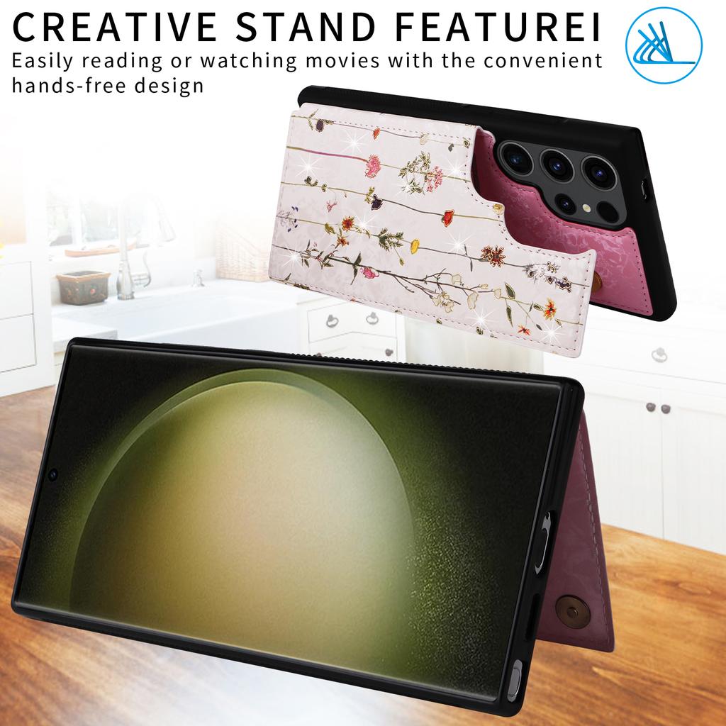 For Samsung Galaxy S23 Ultra Case Kickstand PU Leather+TPU Floral Phone Cover