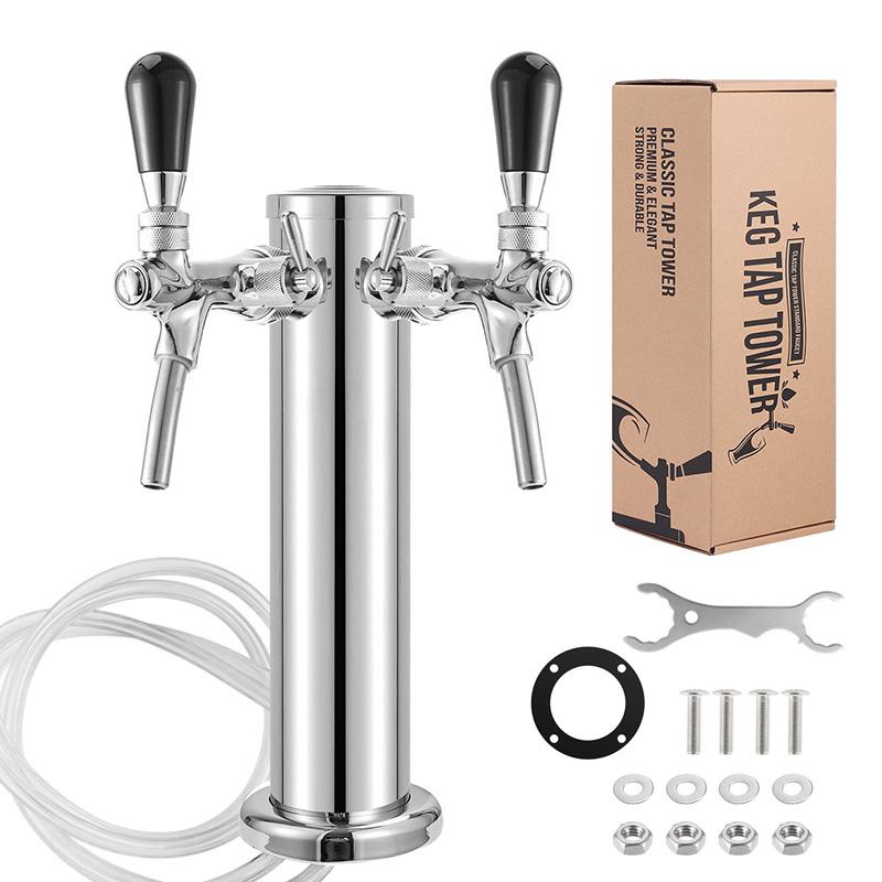 Draft Beer Tower,Dual Faucet Tap Kegerator Tower,3'' Dia. Stainless Steel Column Beer Dispenser with Hose,Wrench,Brewing Bar Kit