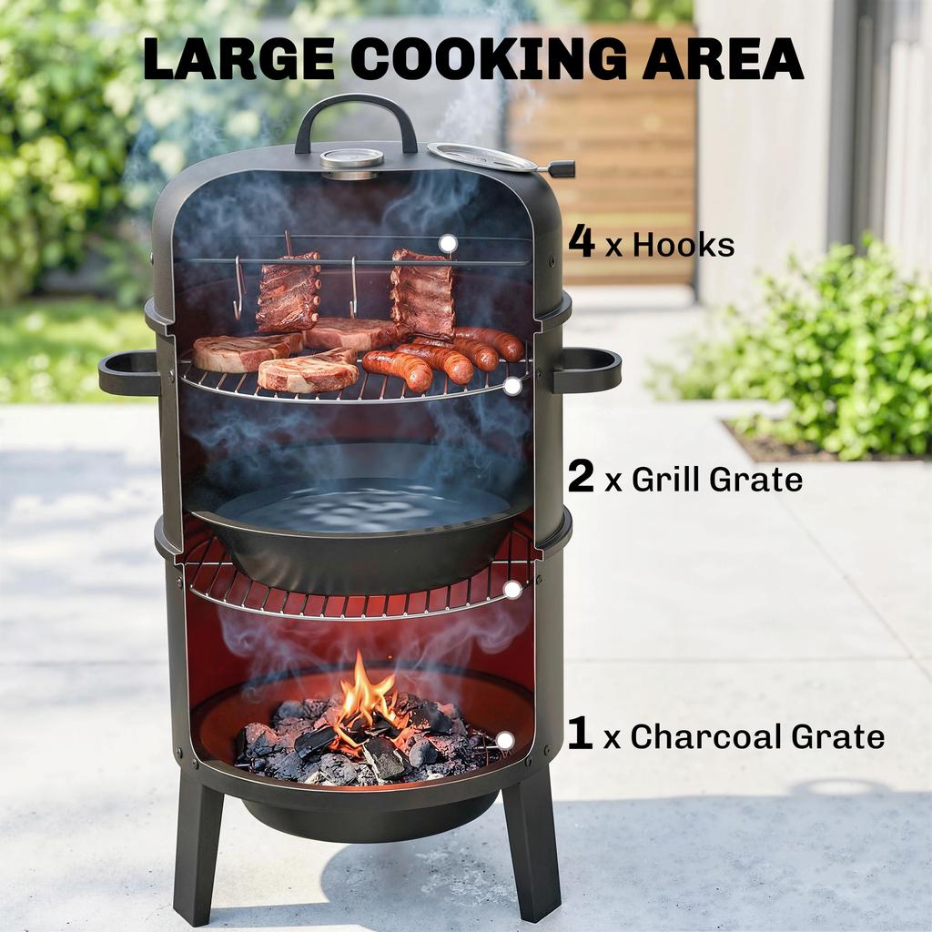 3-in-1 Vertical Charcoal Smoker with 2 Grill Grates, Built-in Thermometer, Adjustable Vent, 2 Doors