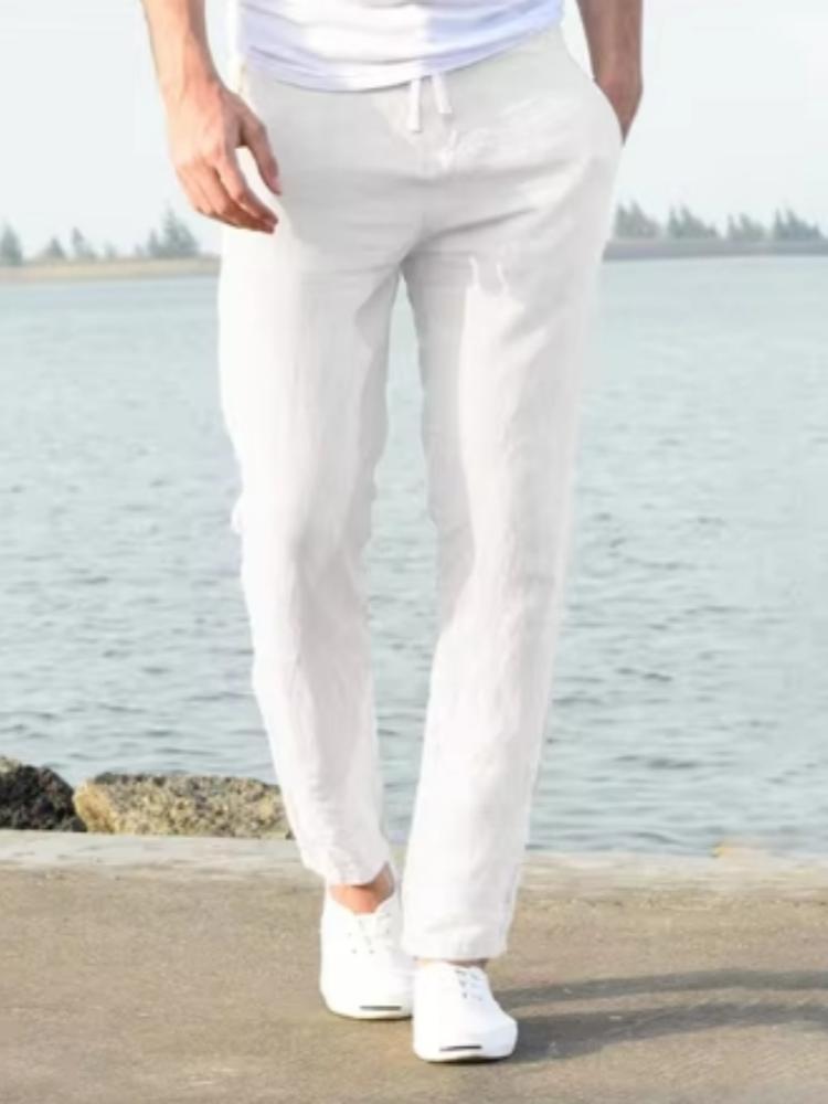 Men's Cotton Linen Long Pants Summer Solid Color Breathable Linen Trousers Male Casual Elastic Waist Casual Pants Harajuku Trous