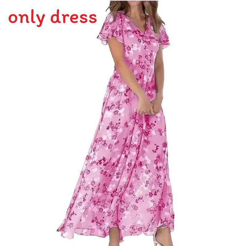 Basic Style Flowy Chiffon Floral Maxi Dress With Ruffle V Neck For Summer Casual Wear