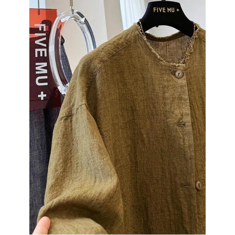Unisex Plus Size Retro Linen Frayed Edge Shirt - Loose Casual Autumn Outerwear