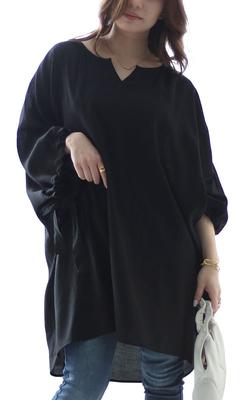 Gold Japan Plus Size Long Keyhole Dolman Wide Sizes Women's Tunic, Sleeves, Neck, Style, Ribbon, Spring/Autumn, Fem-460, Black, 4L-5L